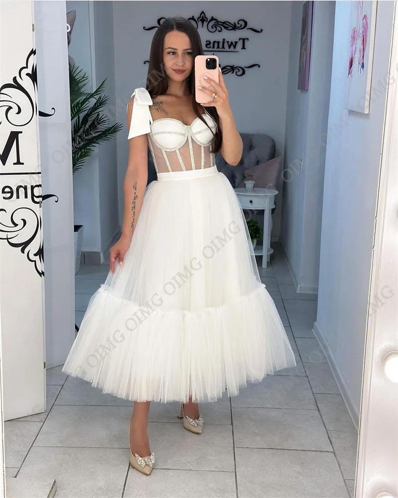 OIMG gaun pernikahan Tulle pendek untuk wanita gaun Cocktail Sweetheart tanpa lengan Vestido De Novia jubah Sweetheart Do