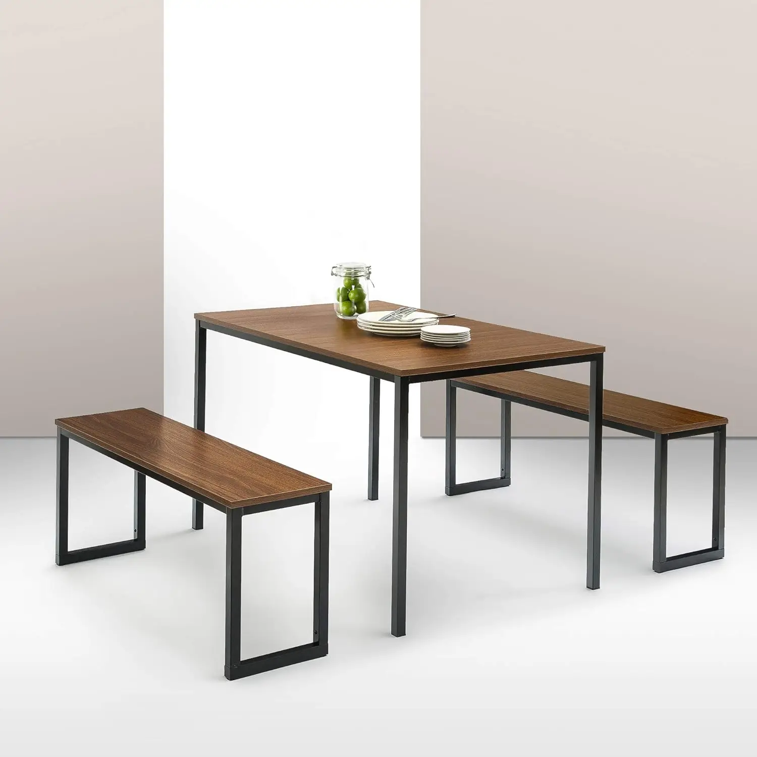 con dos bancos |   Juego de comedor de 3 piezas |   Mesa de comedor industrial de fácil montaje F Louis Modern Studio Soho Juego de mesa de comedor blanca