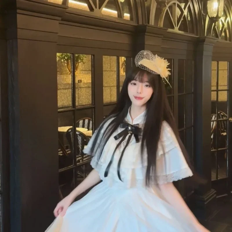 Verão japonês doce branco vestidos de renda 2025 novo duplo em camadas arco vestido para mulheres cintura fina manga curta vestidos mujer