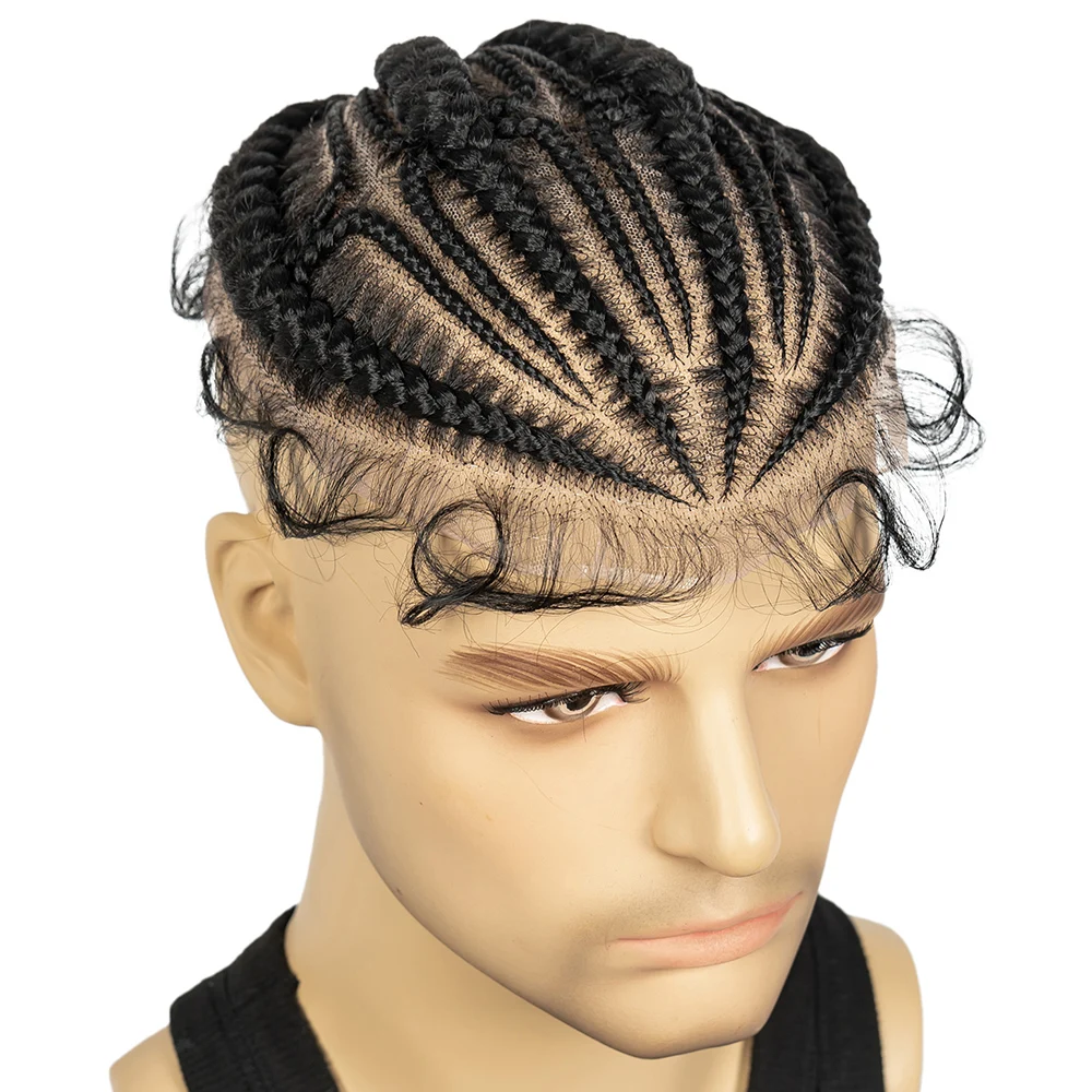 الاصطناعية الشعر القصير الرجال الشعر المستعار HD كامل الدانتيل الذكور قطع الشعر مع ضفائر كورنو الأبيض استبدال الشعر توبر للرجال #2