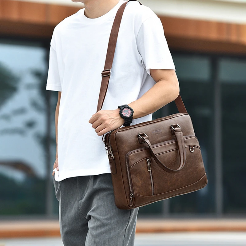 Briefcase for Man PU Leather Handbag Executive 15.6 Inch Laptop Document Shoulder Business Vintage Messenger Designer Office Bag