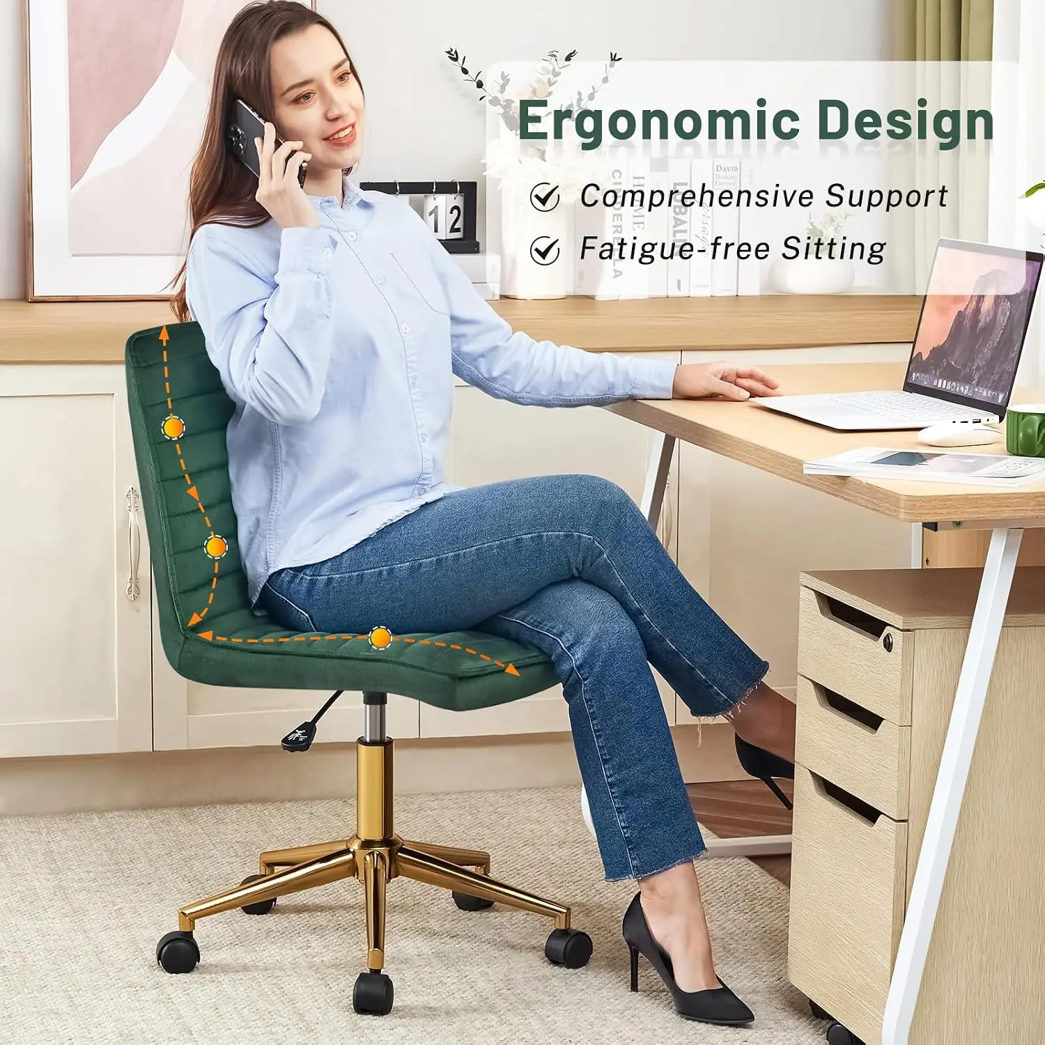 Armless Vanity Chair with Wheels, Computer Rolling Desk Chair with Back Soft Velvet Fabic Height Adjustable Gold Metal Base
