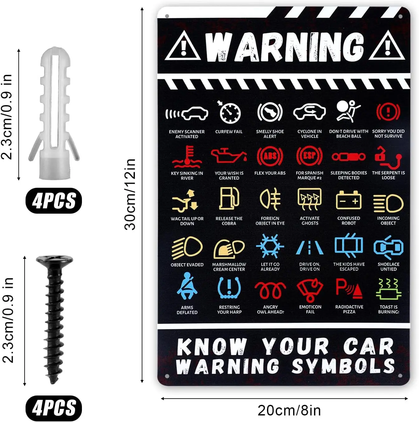 Car Warning Lights Sign, Aluminum Metal Tin Sign, 12x8 Inch, Multicolored, Informative Style, Wall Mount