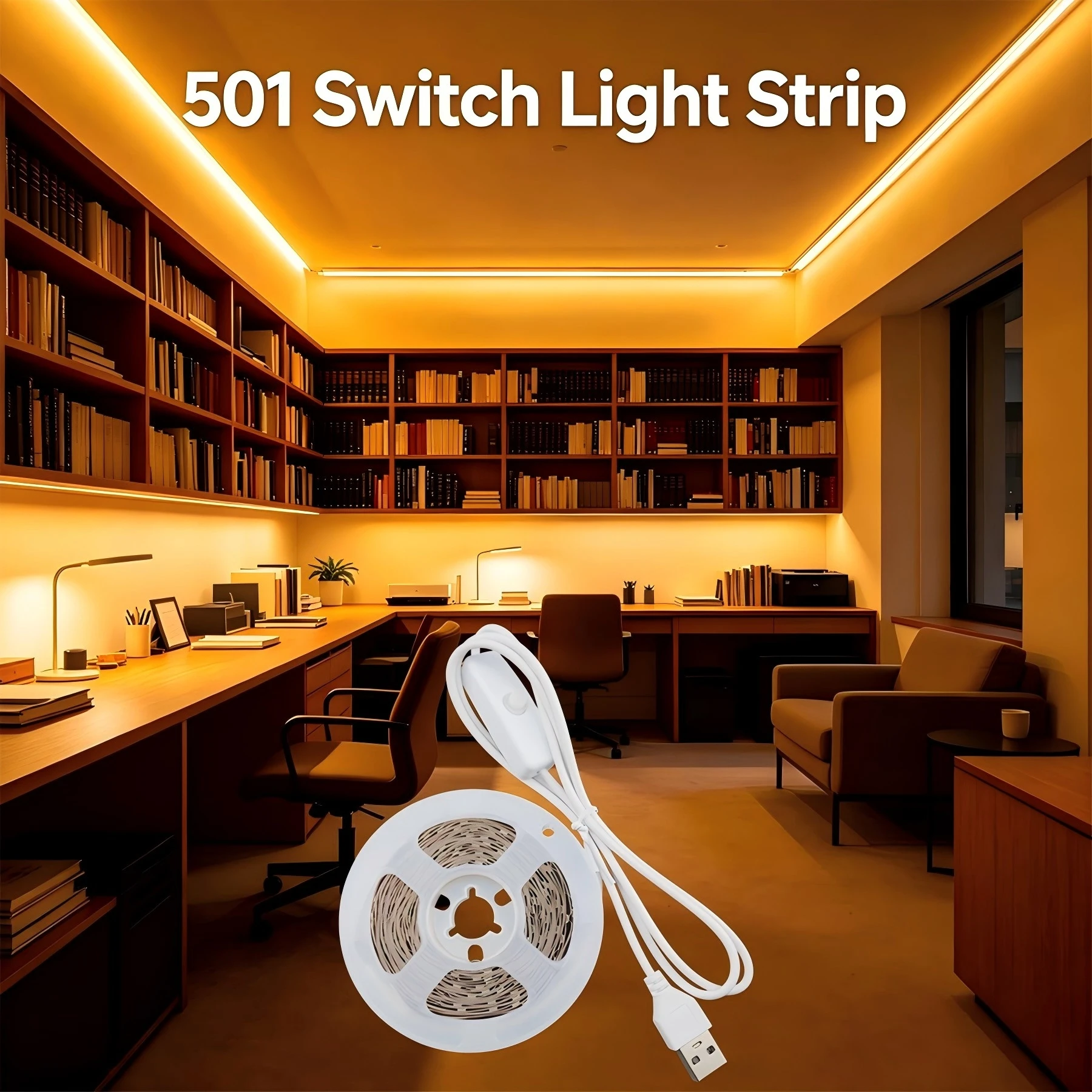 5V USB powered LED light strip, 501 switch control, flexible white/warm light. Suitable for bedrooms, studies, kitchens, etc.