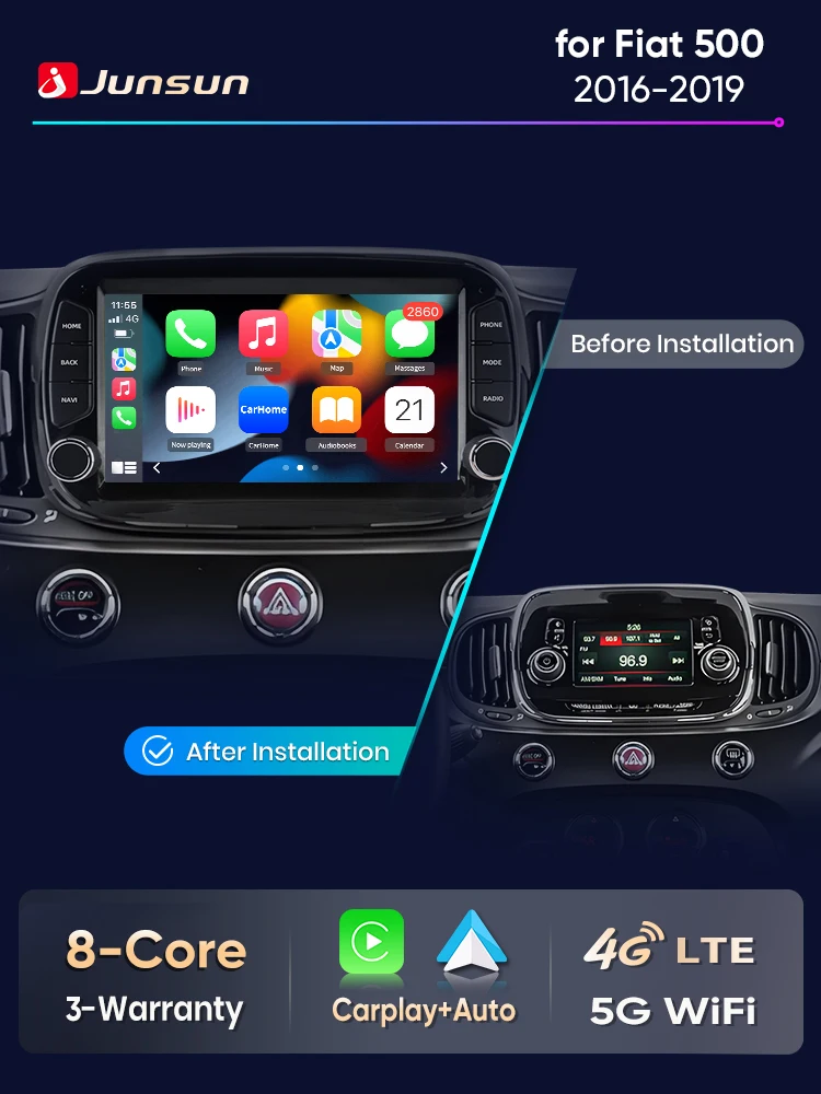 Junsun 7 "Draadloze CarPlay Android Auto Radio voor Fiat 500 2016 2017 2018 2019 GPS Stereo Multimedia WiFi 4G 8core RDS - afbeelding 2