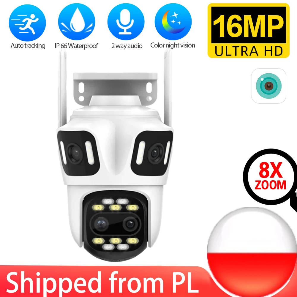 16MP 8K Wifi Security Camera 8X Zoom 4 Lens 3 Screens  Video Surveillance Camera 2 Way Audio Auto Tracking Color Night Vision