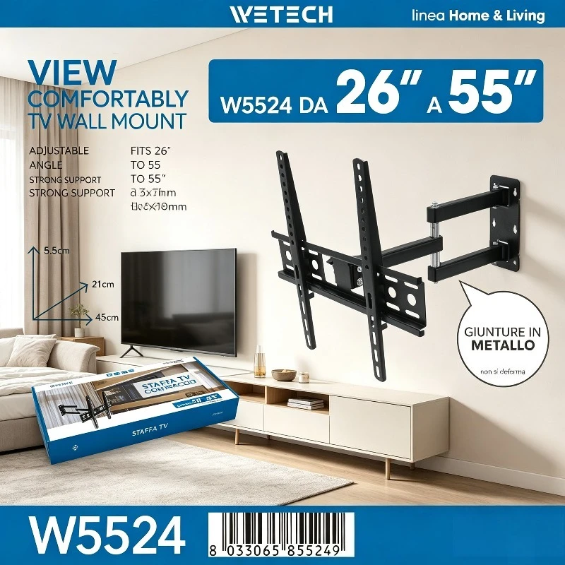 Soporte de pared para TV WETECH W5524 compatible con VESA, carga máxima de 30 kg, para pantallas de 26 a 55 pulgadas, ideal para configuraciones de televisión que ahorran espacio en espacios abiertos tipo estudio.