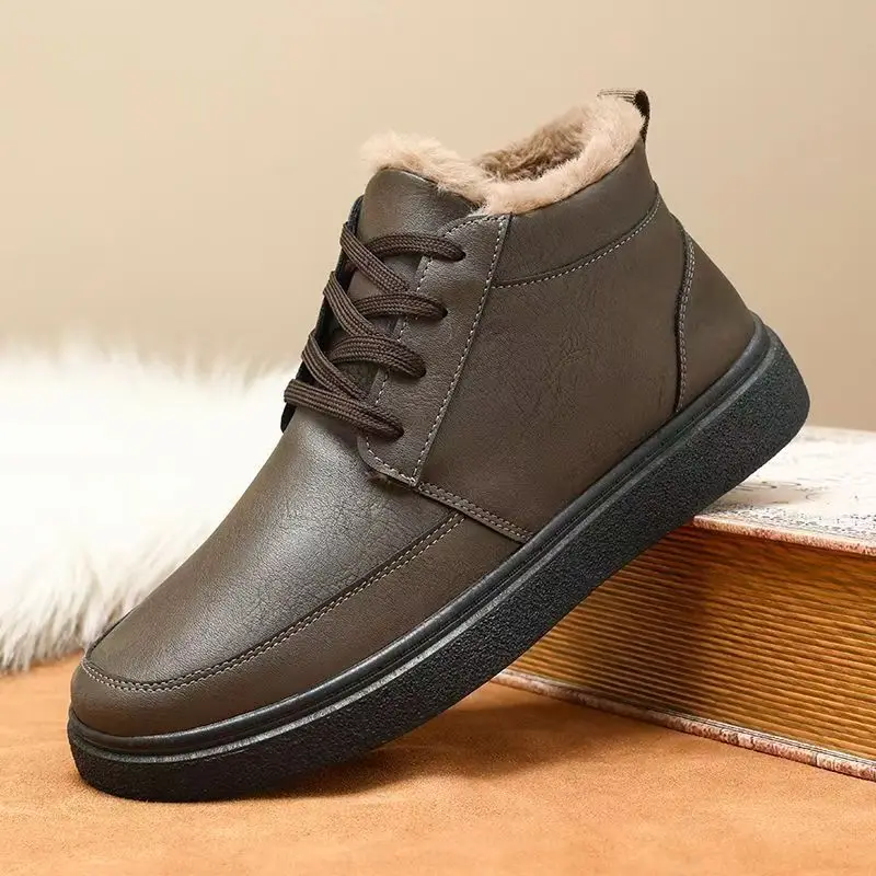 

Новые зимние мужские кожаные ботильоны на плоской подошве, нескользящие, с круглым носком, на шнуровке, с утолщенным плюшем, сохраняющие тепло, рабочая обувь, хлопковые сапоги