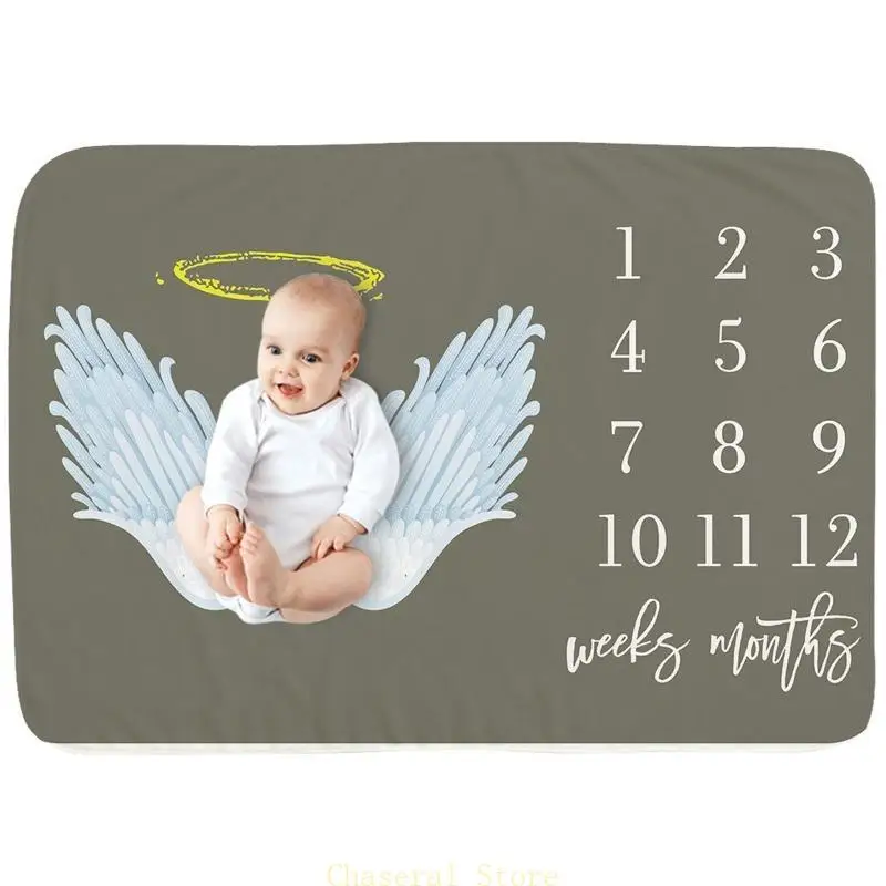 E7CE Baby Month Milestone Blanket Monthly Record Growth Blanket Newborn Soft Flannel Angel Wing Printed