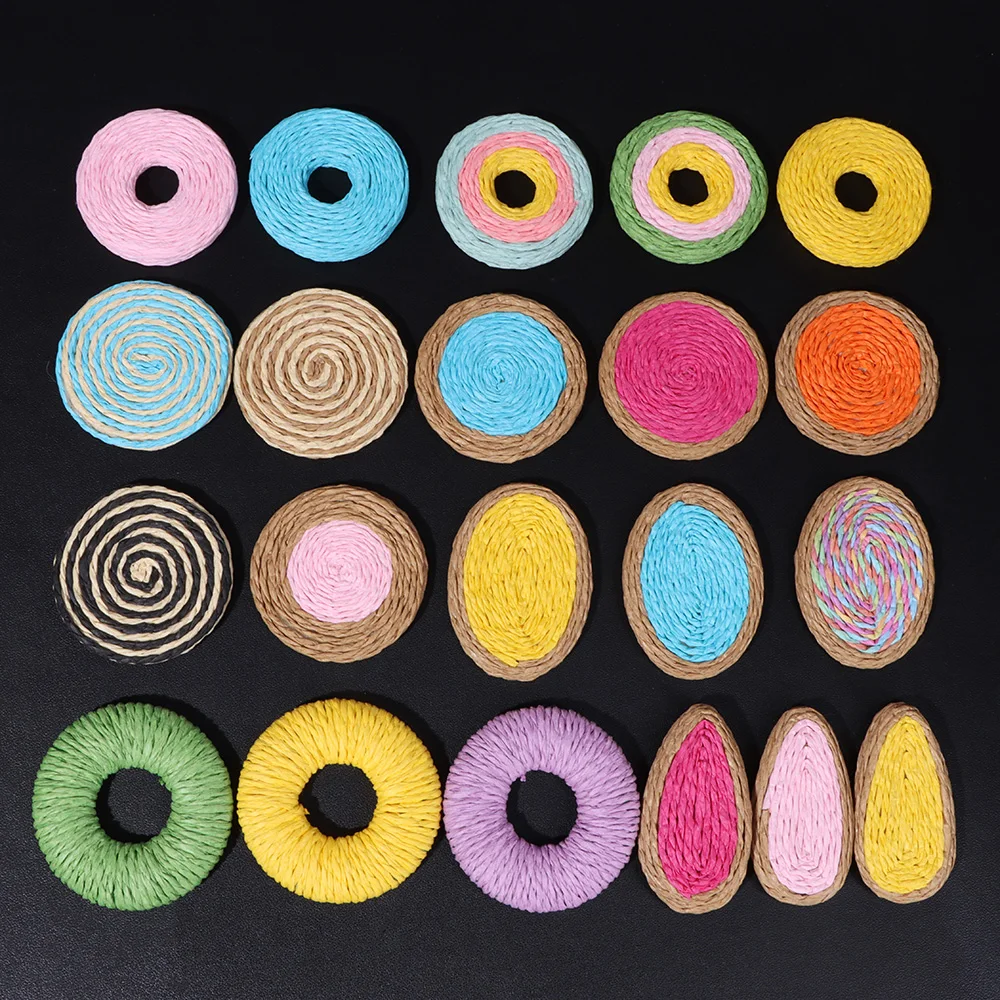 Colorful Round Rattan Straw Woven Charm Oval Raffia Knit Rattan Pendant for Earrings Jewelry Making DIY Decoration Accessories