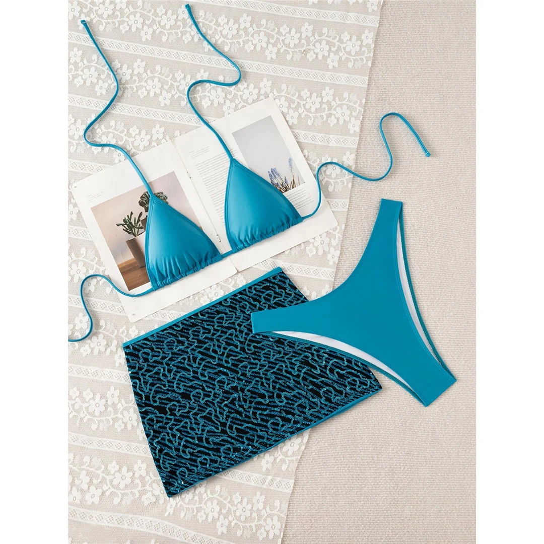 Mit bedrucktem Rock, Neckholder-Bikini, Damen-Badebekleidung, dreiteiliges Bikini-Set, brasilianischer Badeanzug, Badeanzug, Schwimmbekleidung V8177 – Detail 7