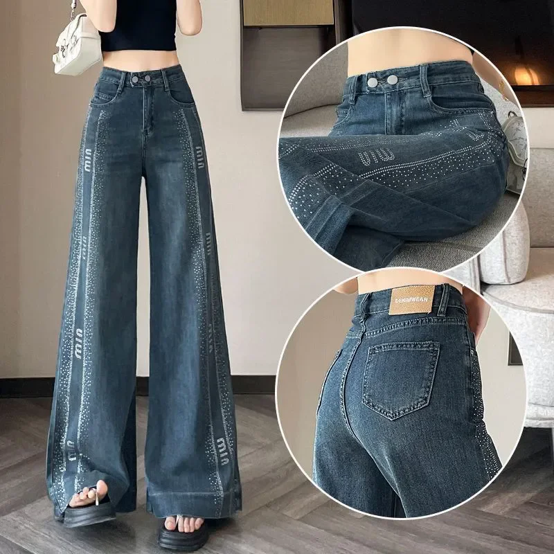 Luxury Crystal Rhinestone Letter Wide Leg Jeans Women High Waist Double Button Loose Flared Vintage Denim Trousers