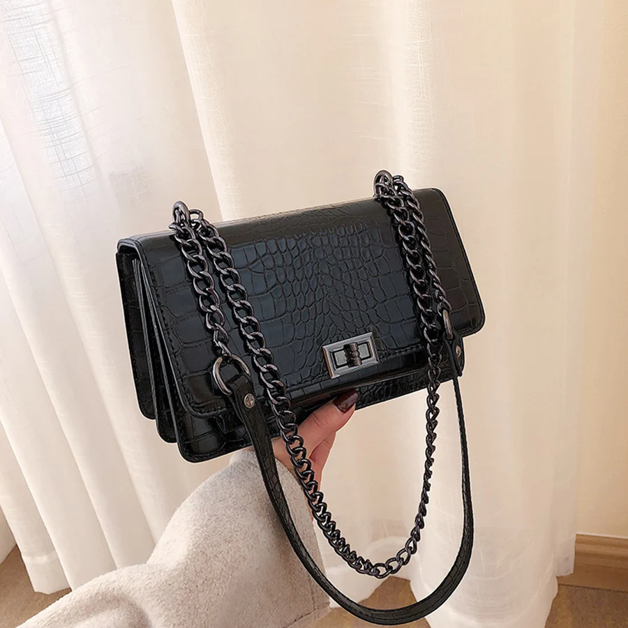 Black Alligator Chain Small Shoulder Bag For Women Flap PU Leather Fashion Small Square Crossbody Bag Multi-layer Design Handbag