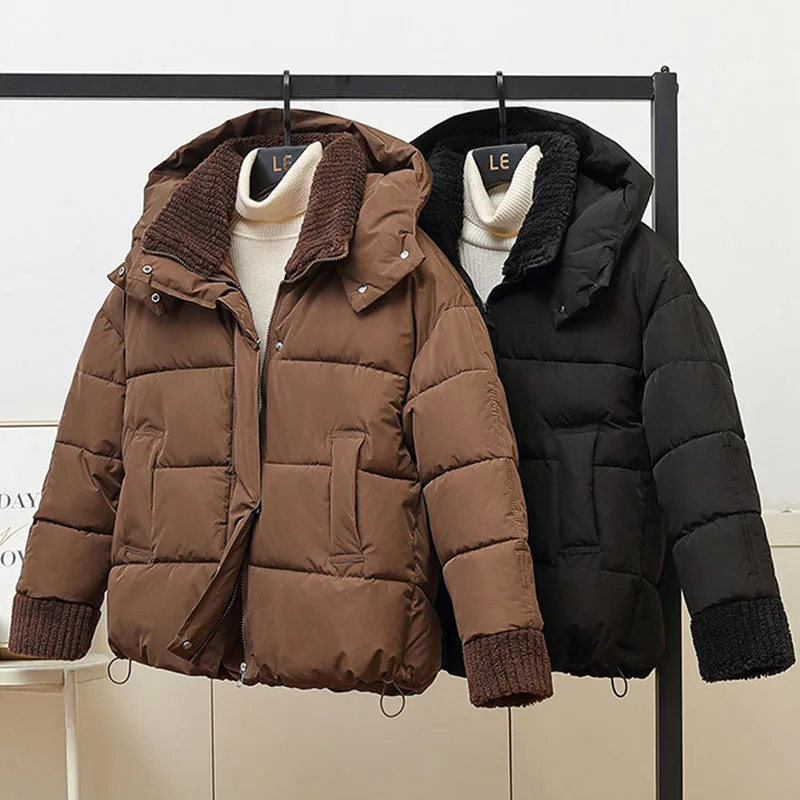 

Fashion Splices Hooded Parkas Women's Winter Coat Korean Loose Solid Outwears Down Cotton Jackets Female Thicken Cotton Coat