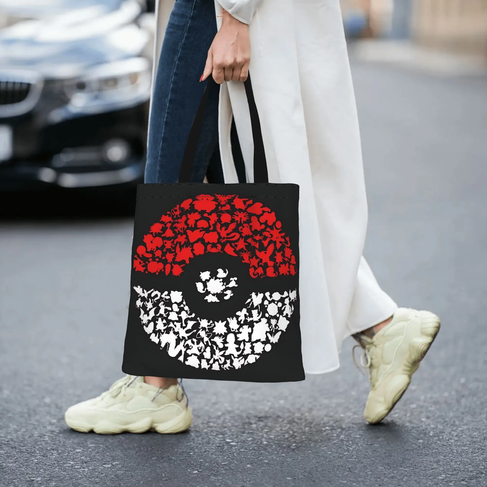 Customized POKEMON LOGO Women's Bag Shopping Bag Reusable Double Sided Canvas Tote Bag Shoulder  Handbag