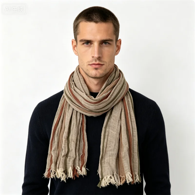 Designer Patchwork Striped Cotton Linen Scarf Unisex Style Autumn Winter Warm  Neckerchief Short Tassel Scarves Bufanda Shawl