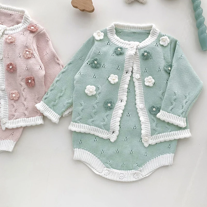 2024 New Autumn Toddler Baby Girl Knitting Clothes Suit Long Sleeved Knitted Cardigan+Jumpsuit Newborn Baby Girls Clothing Set