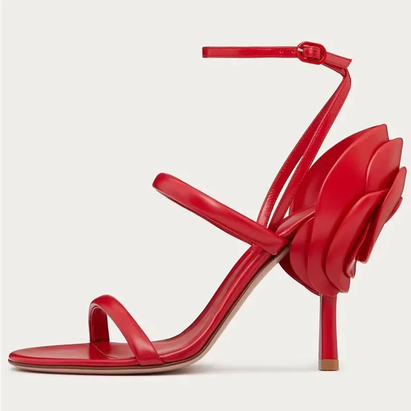 

Rose Flower Red Round Open Toe Buckle Strap Stiletto Sandals Woman Summer 2025 Silver Sexy High Heel Roman Shoes for Women