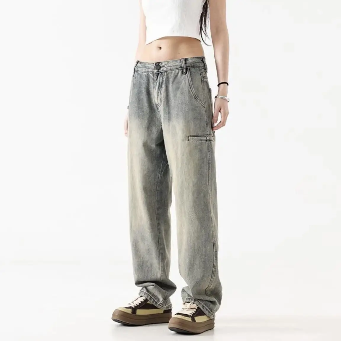 Men's Jeans Winter Straight Wide Leg with Pockets Male Cowboy Pants Korean Style 2024 Autumn Trousers Original Designer Casual