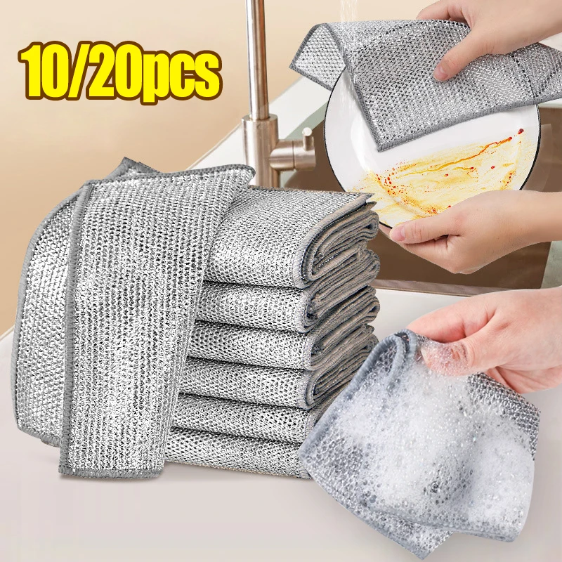 10/20pcs Magic Dishcloth Silver Wire Cleaning Kitchen Cloth Thickened Microfiber Wash Towel Built-in Sponge Steel Wire Ball Rag