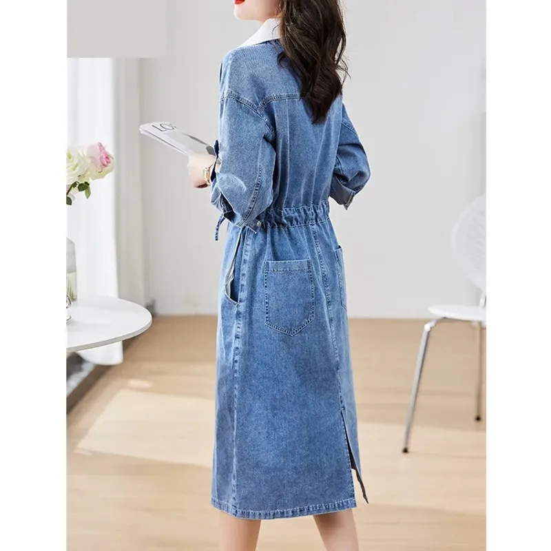 Abito da cowboy falso a due camicie per donna 2025 Primavera Autunno Nuovo manica lunga dimagrante con tasca Abito casual in denim vintage femminile