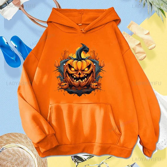 Spooky Horror Pumpkin Lamp Graphic Printed Hallowmas Hoodie Trick or Treat Warm and Windproof Harajuku Casual Couple Hoodies