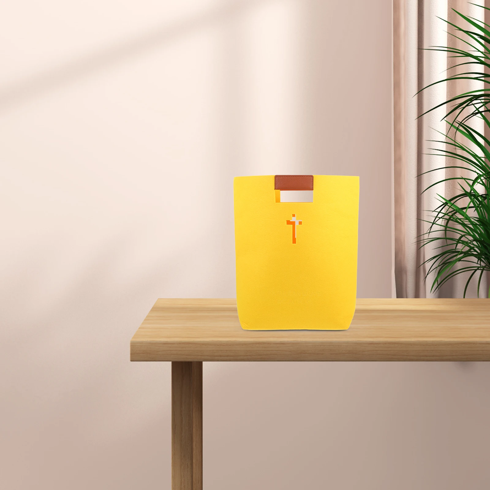 

Yellow Felt Bible Storage Bag Large Capacity Cross Tote Pouch for Books Stationery Shopping Grocery Bag with Pockets Ladies