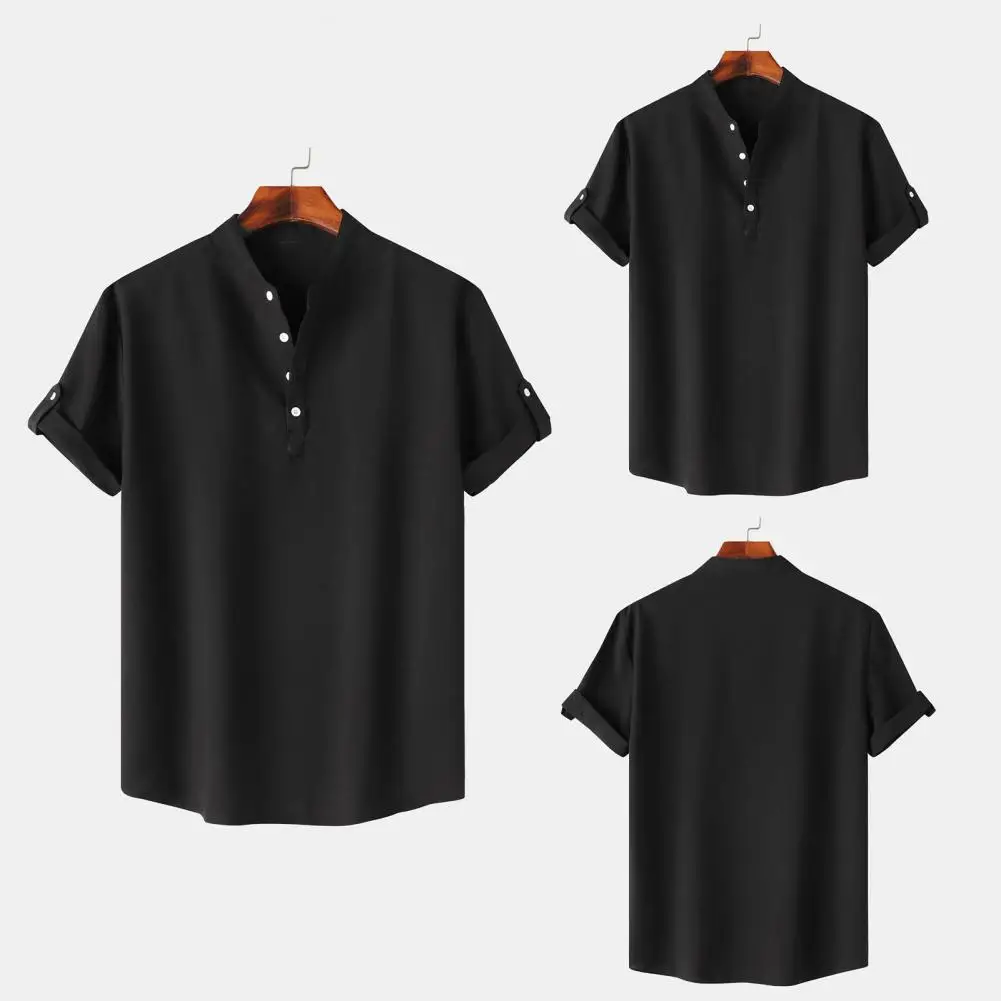 Men Daily Top Stylish Men's Summer Shirt with Stand Collar Cufflink Detail Slim Fit Design for Casual or Business Wear Men