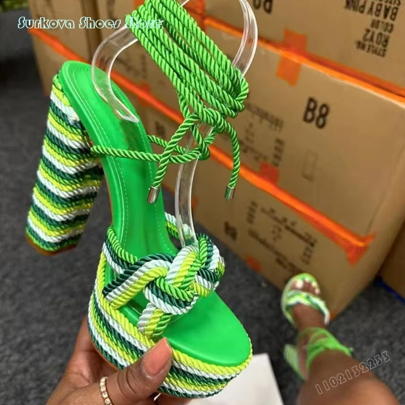 Surkova Colorful Braid Block Heels Round Toe Sandals 2024 Summer Stylish Cross-tied Lace Up Ankle Strap Platform Women Sandals