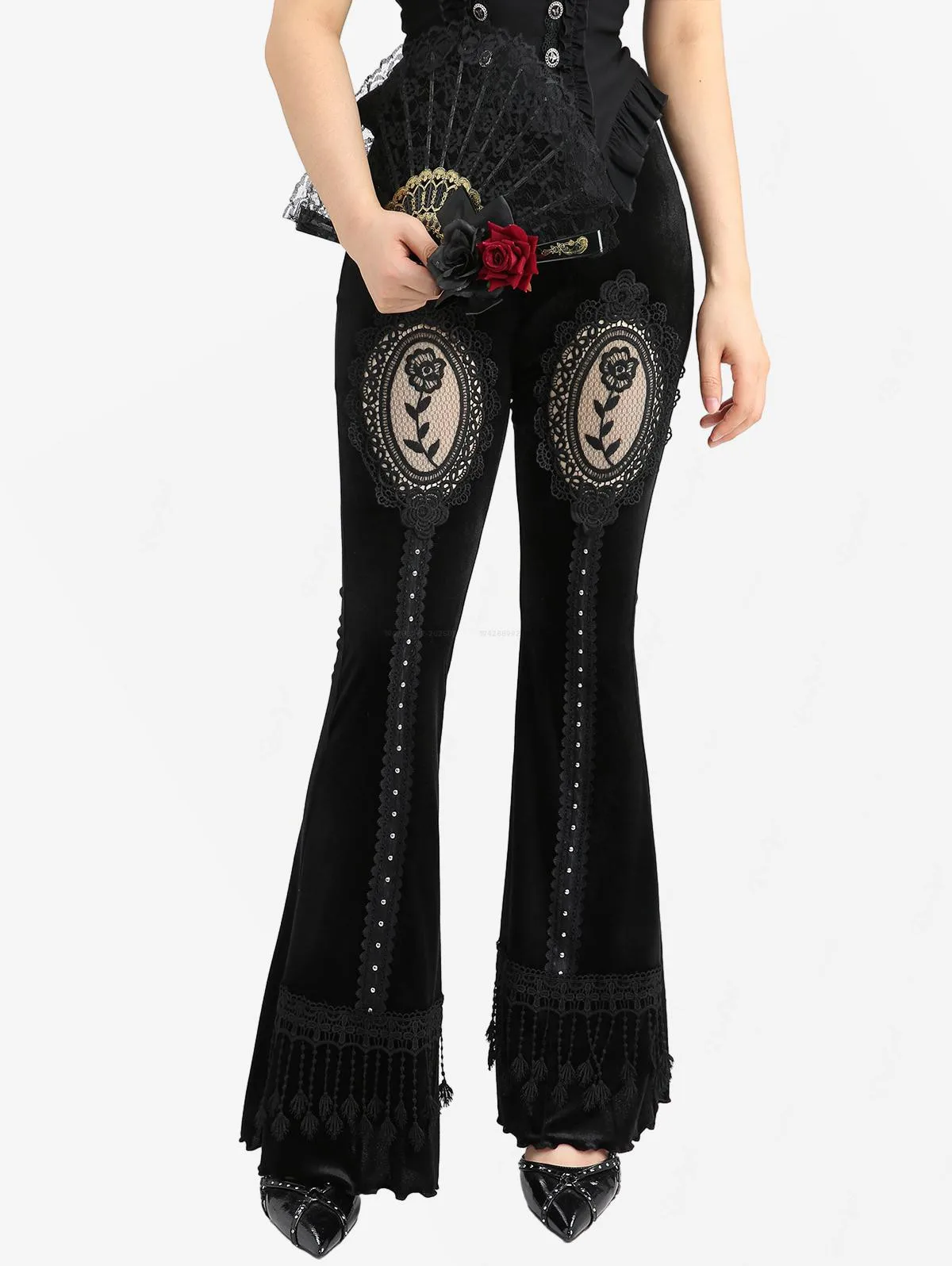 

ROSEGAL Plus Size Gothic Rose Flower Mesh Applique Rivet Lace Trim Tassel Velvet Flare Pants