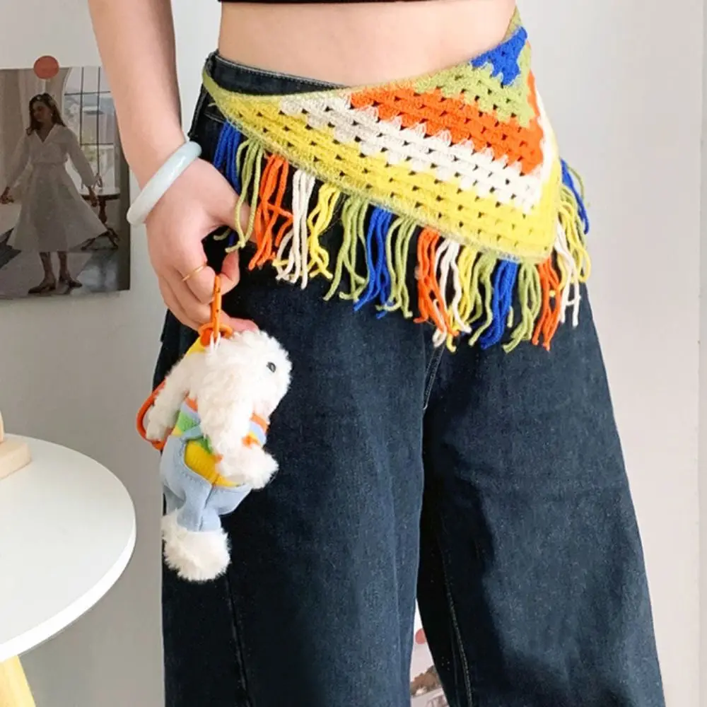 Bohemian Turban ถักสามเหลี่ยม Headscarf Cummerbund สีสันผ้ากันเปื้อนผ้าคลุมไหล่ Fringe สไตล์ชาติพันธุ์เอวหญิง