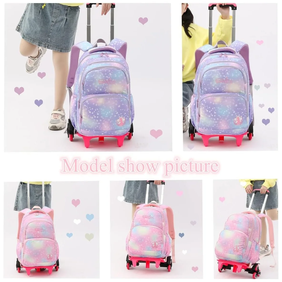 Children School Backpack Set with Wheels Students Bags for Girls Trolley Bag Cute Schoolbag Rolling Wheeled Backpack Child Girl