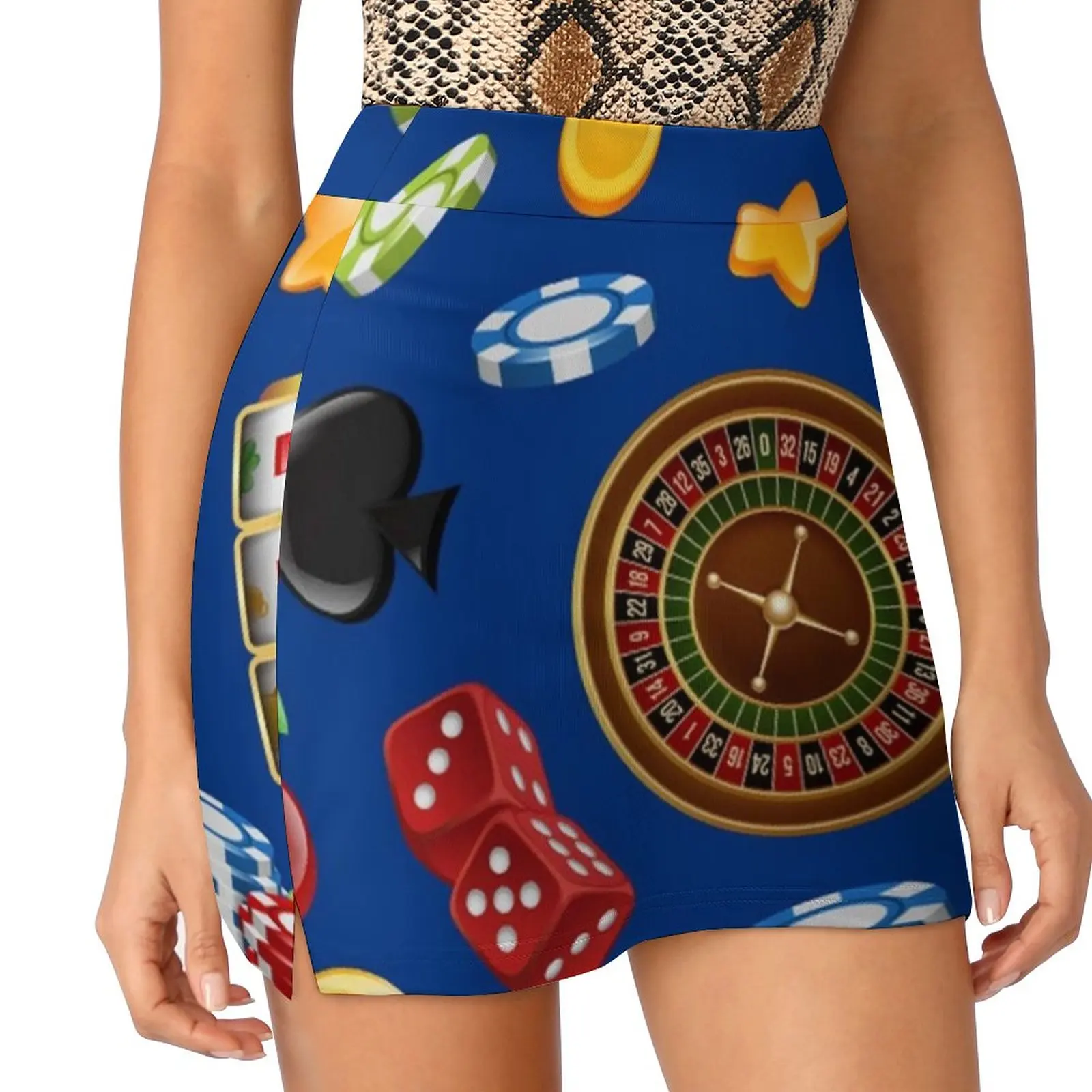 Casino Time Women's skirt Mini Skirts A Line Skirt With Hide Pocket Casino Poker Chips Roulette Wheel Lucky 7 Gambling Slot