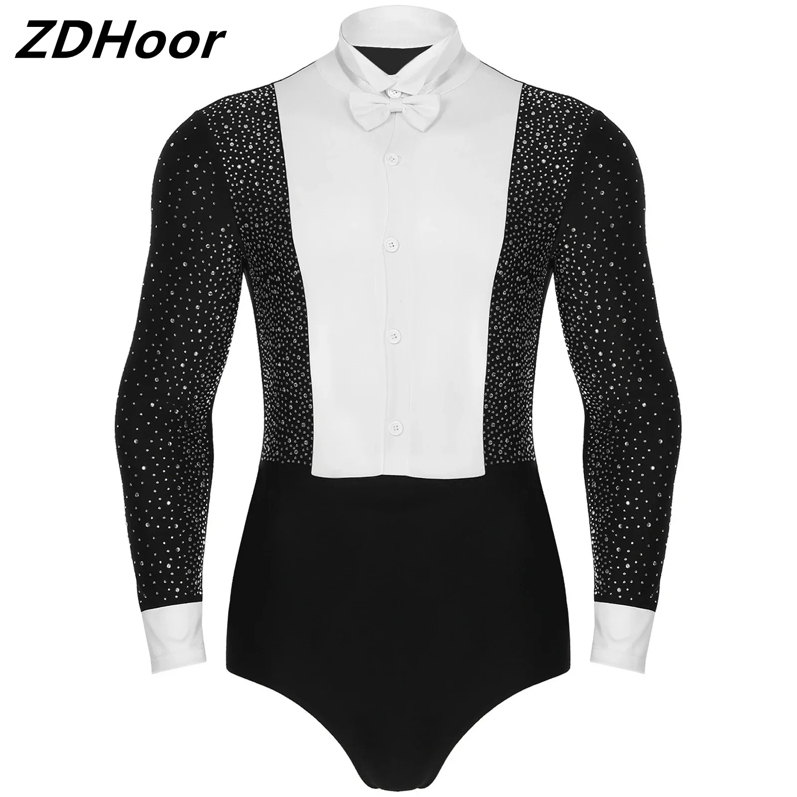 

Mens Latin Rumba Ballroom Dance Leotard Long Sleeves Shiny Rhinestones Color Block Bodysuit with Bowtie