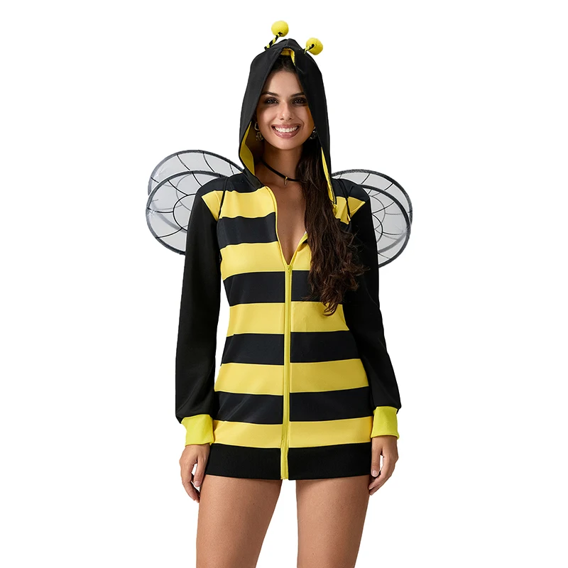 Women s Halloween Cosplay Bee Costume Bee Queen Halloween Party Cosplay Hooded Dress and Wings Set Fancy Costume