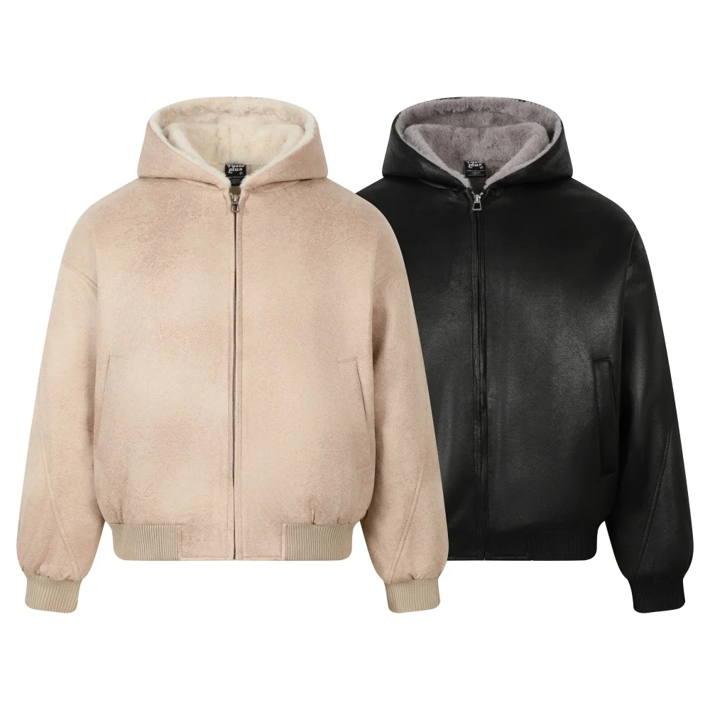 Jaqueta de couro feminina com capuz preto moda casal rachado casaco de pele de carneiro falso com pele macia quente pelle pelle jaquetas de couro
