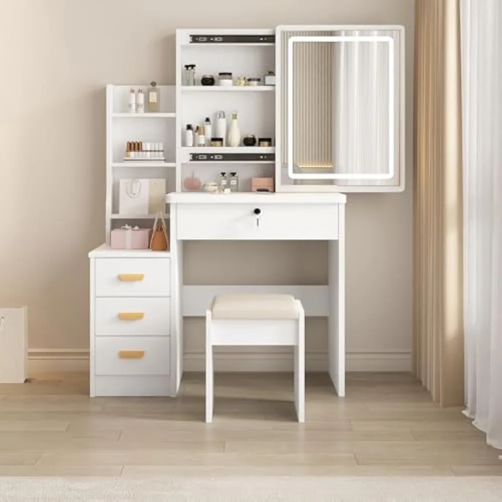 

Makeup Vanity Desk with Sliding Mirror and Lights, Makeup Vanity Set with Drawers, Stool and Open Shelves,