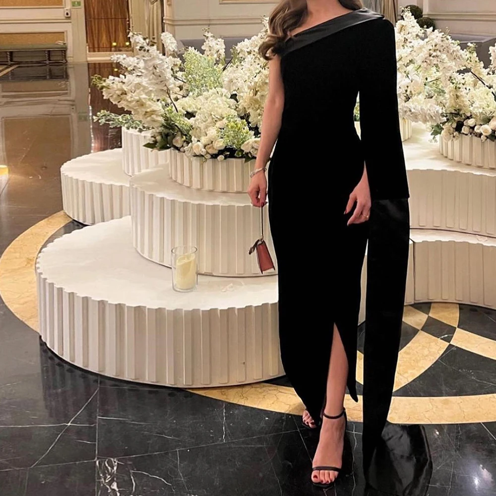 

Long Sleeves Straight Jersey Tea Length One Shoulder Saudi Evening Dresses Fashion Pleats Watteau Train Bespoke Occasion Gowns