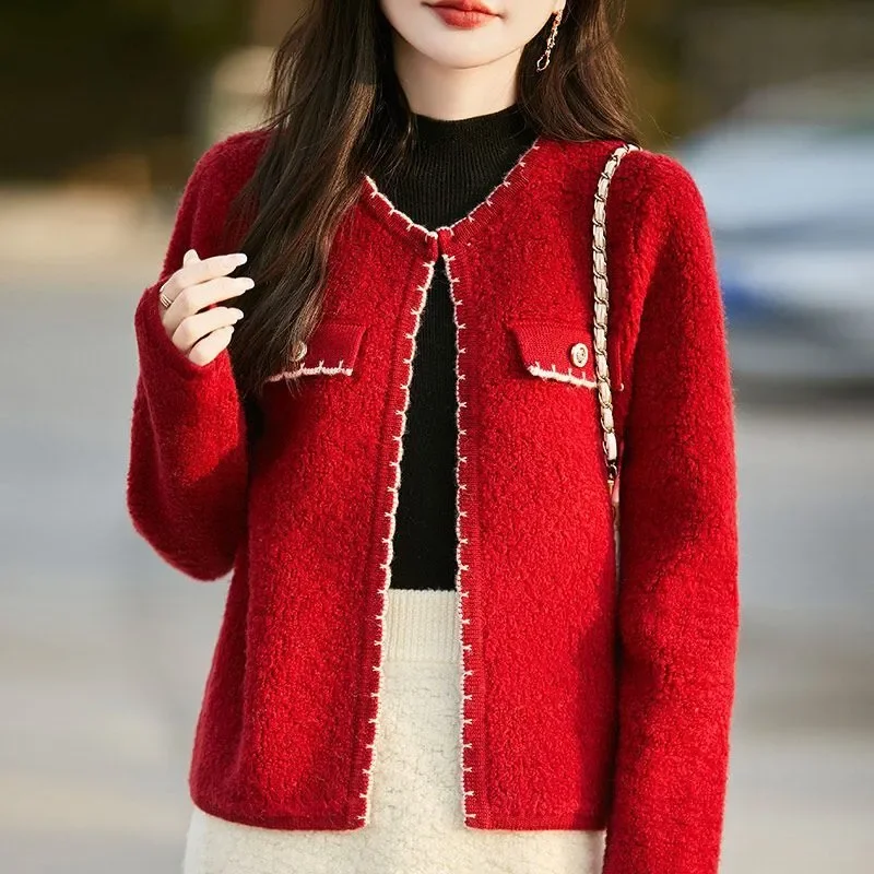 Sweater Round Neck Knitted Cardigan Solid Color Western Style Jacket Women's Bottoming Shirt Top