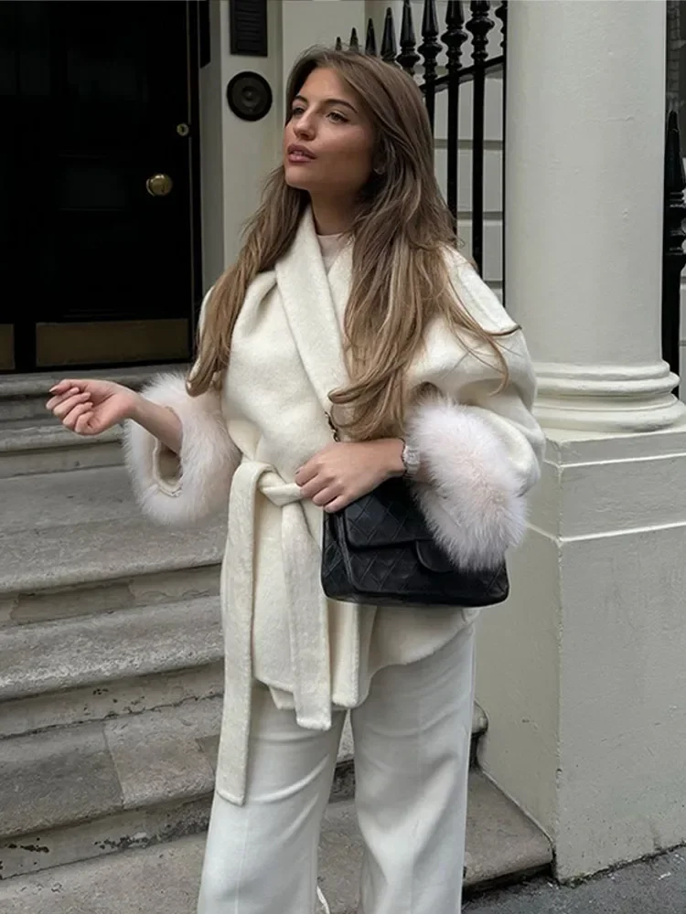 Chaqueta de lana con puños de piel sintética desmontable para mujer, abrigo elegante de manga larga con solapa y cordones, color blanco, prendas de vestir exteriores de otoño 2024