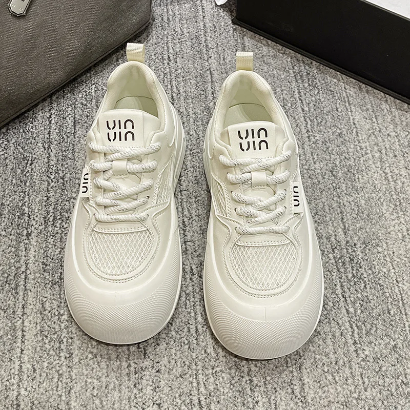 Witte damesschoenen Mesh ademende studentensportschoenen Dikke bodem Lichtgewicht vrijetijdsschoenen