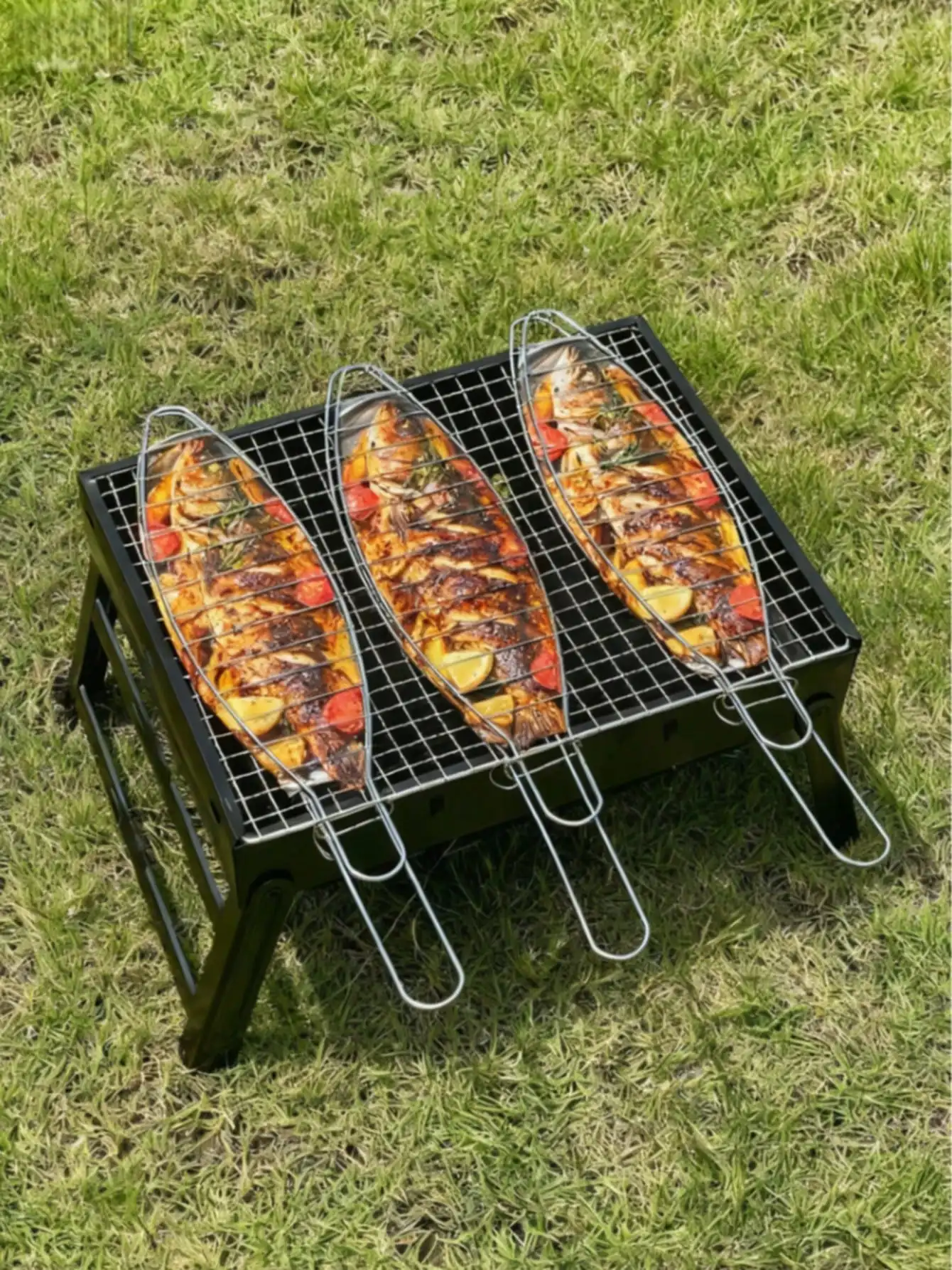 1/2/4pcs 42cm/16.5inch Portable Fish Grill Rack With Long Handle Grilling Basket, Sturdy And Durable Structure, Perfect For Grilling Whole Fish, Fish Fillets, Seafood, Vegetables, Ideal For Outdoor BBQ, Camping, Picnic, sh260413164013604852574