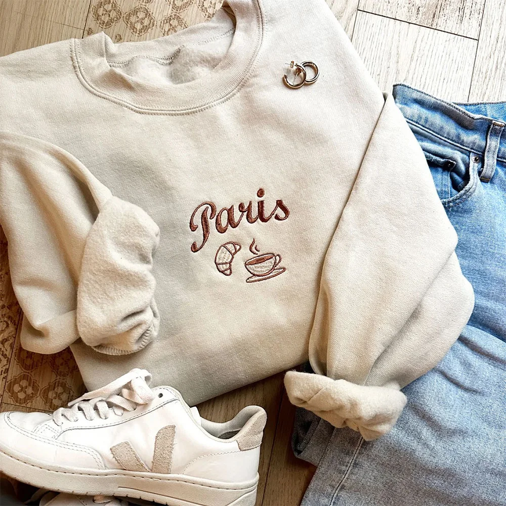 Embroidered Paris France Sweatshirts Women Khaki Vintage Loose Thick Fleece Warm Pullover Long Sleeve Crewneck Casual Jumpers