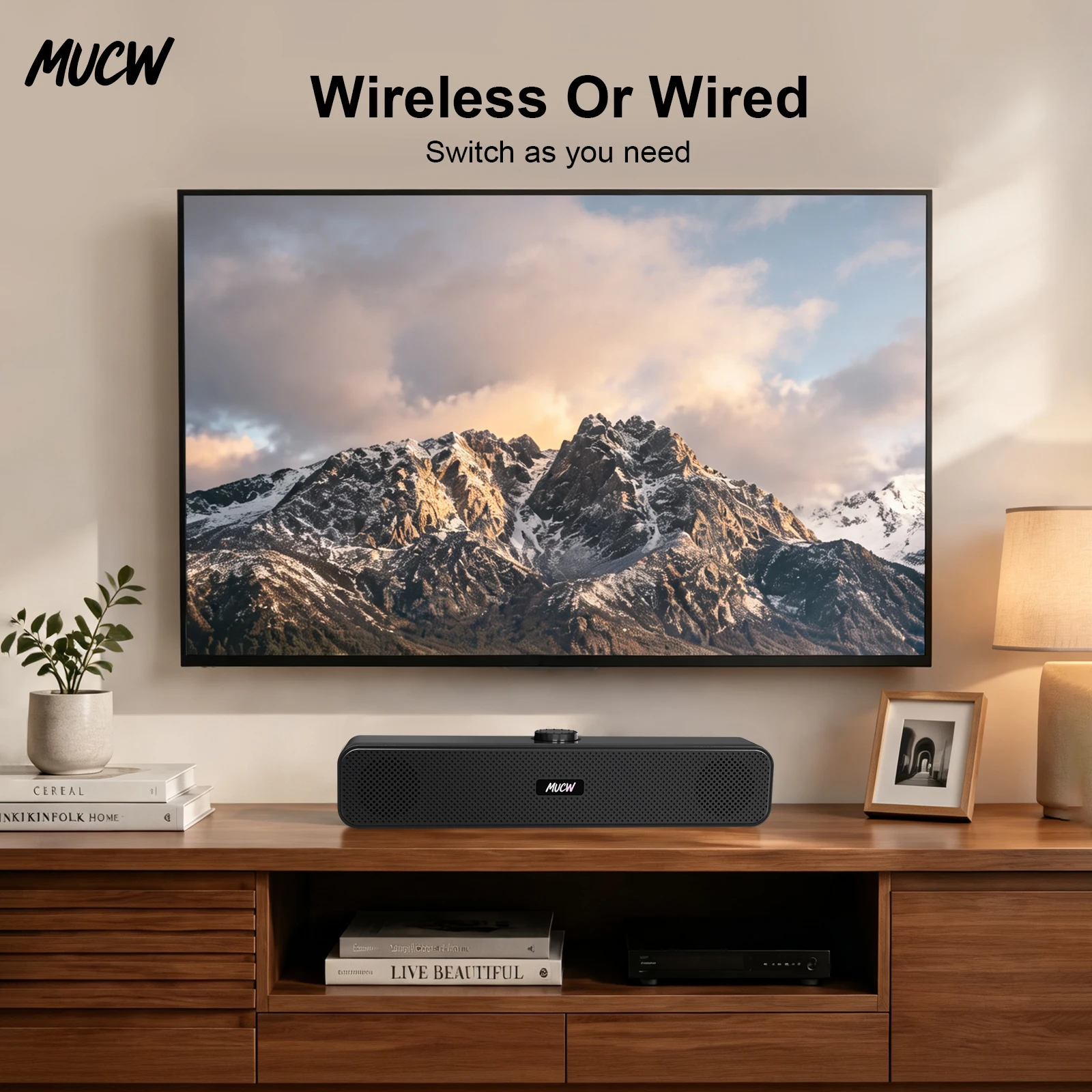 MUCW Wireless Wired Soundbar Computer Speaker Sleek Black 3.5mm AUX USB Plug And Play Top Knob Control Stereo Balanced Sound For Work Music Film Home