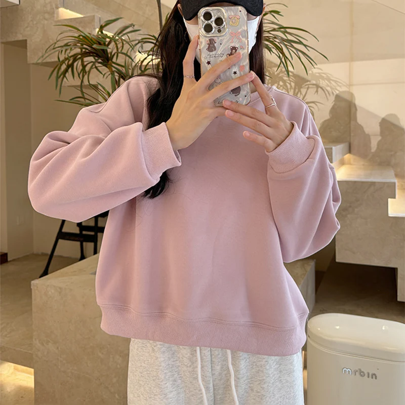 Fleece Warme Herbst Winter Pullover Sweatshirt Farbe Oansatz Pullover Einfache Vielseitige Lose Frau Kleidung Tops