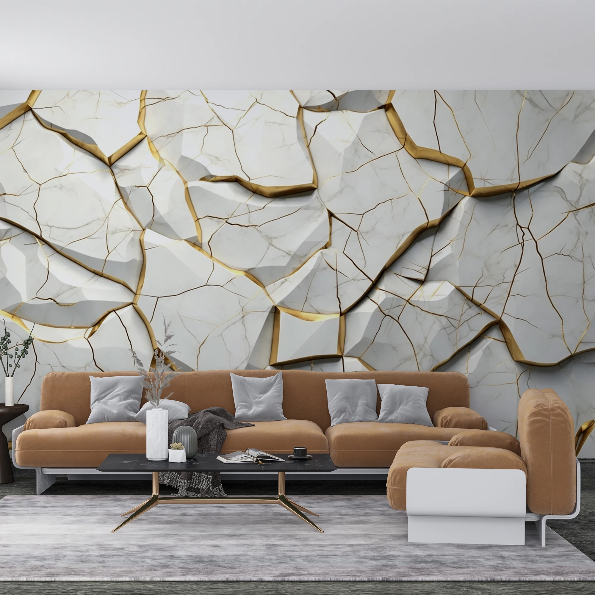 Custom3D Relief  Marble Wallpaper Custom Self‑Adhesive Wall Mural White Gold Cracked Stone Texture Wall Decor Background Wall