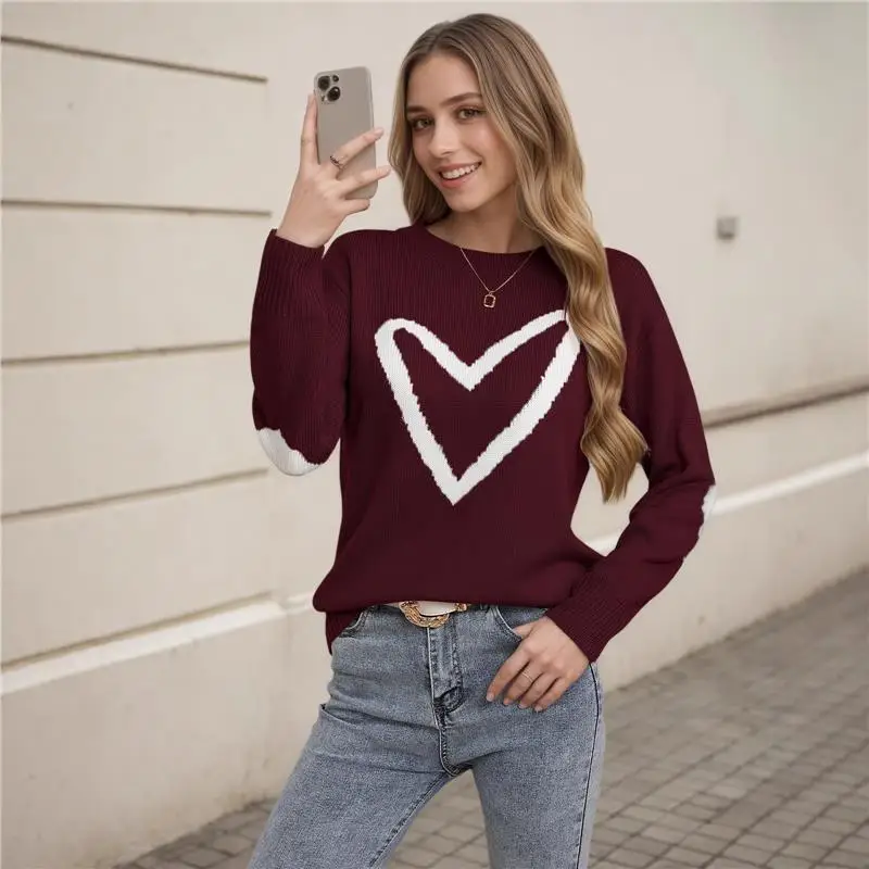 

Autumn Winter New Sle Cross Border Women's Knitted Long Sve Heart Pattern Sweater Vntine's Day Knitwear Top