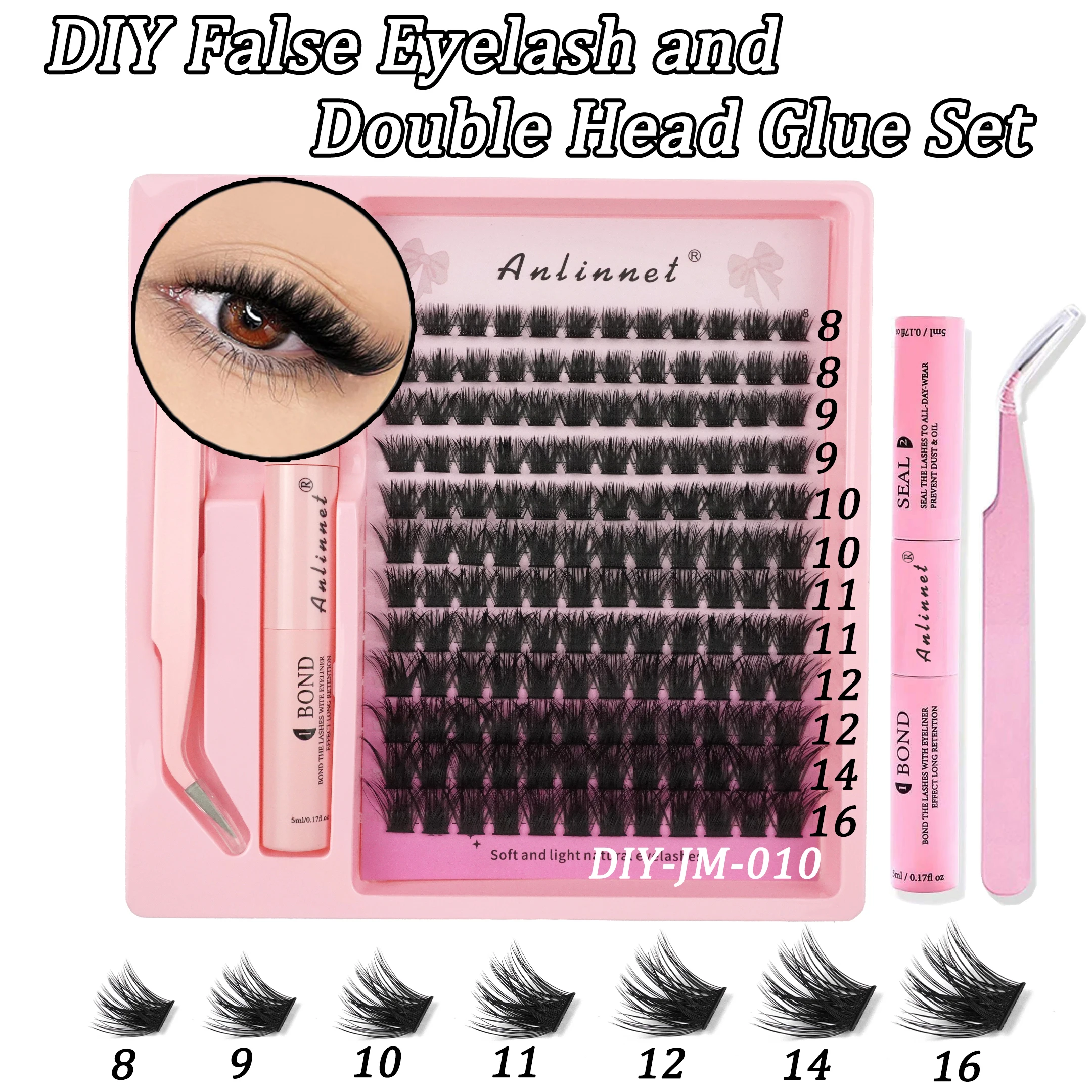 Wimpernbündel-Set, DIY-Wimpern, 8–15 mm, verlängertes Make-up, persönlicher Wimpernkleber + Verschlussschicht-Kleber + Wimpernpinzette