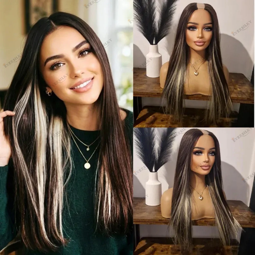 

Dark Brown Cool Honey Blonde Balayage Human Hair Glueless U Part Wig Silky Straight Remy Indian Hair 200Density V Part Wigs