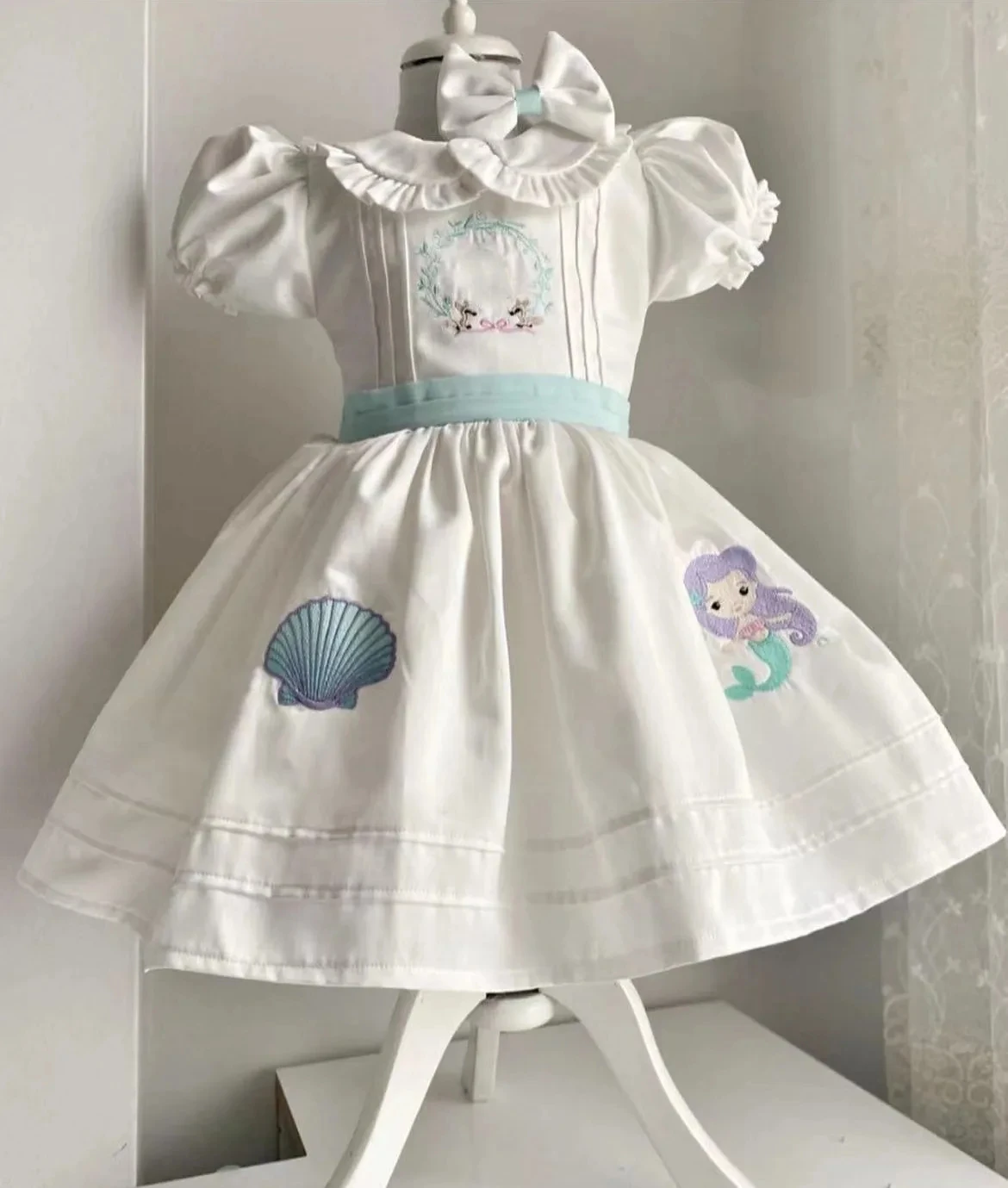 

0-12Y Baby Girl Summer White Mermaid Embroidery Turkish Vintage Lolita Princess Ball Gown Dress for Birthday Eid